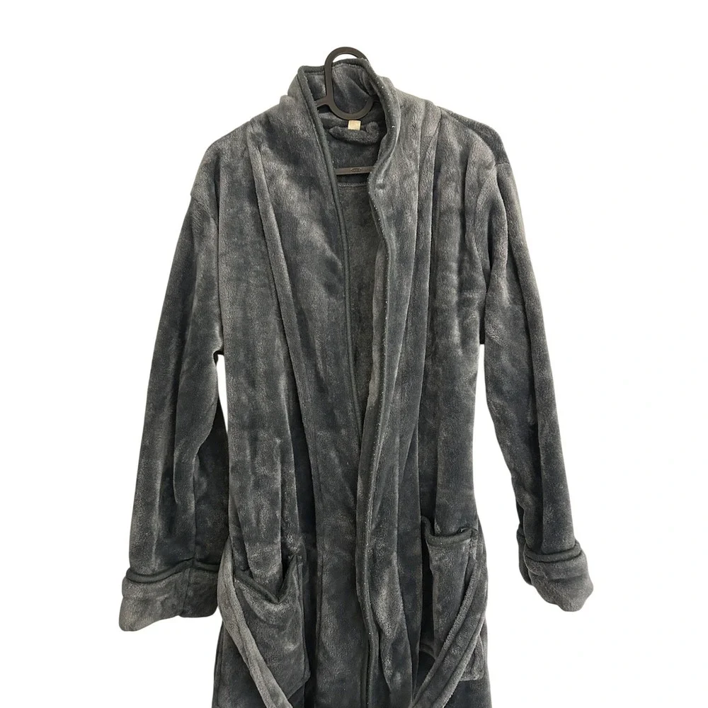 NY Threads Fleece Robe Mens Large Charcoal Grey Excellent Plush Shawl Collar L